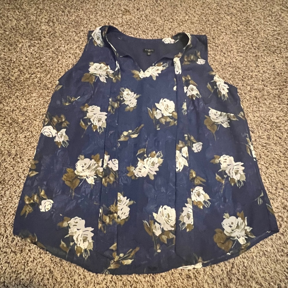 Talbots Woman Navy Blue Floral Sleeveless V-Neck Blouse Plus Size 1X Lined Top